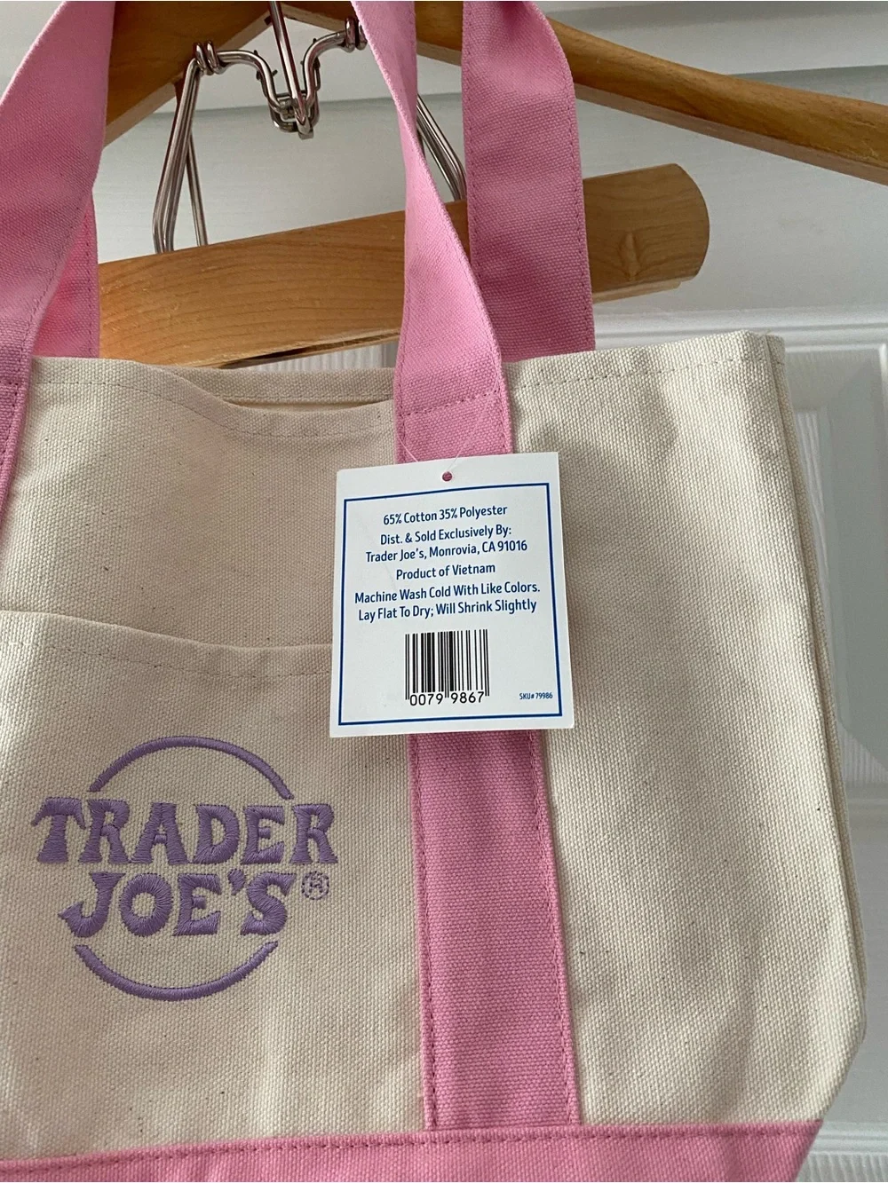 NWT Trader Joe's Pink & Cream Canvas Mini Tote - Picture 3 of 5